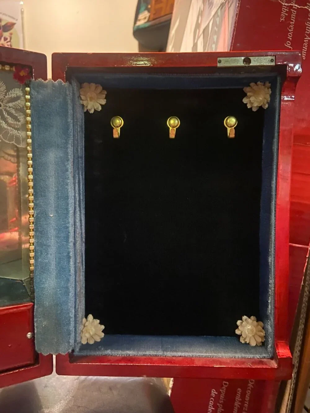 Vintage Red Lacquer Poodle Jewelry Armoire & Music Box from the 1950's